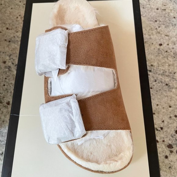 Tan Faux Fur-Lined Suede Slides from J/SLIDES - Picture 2 of 9